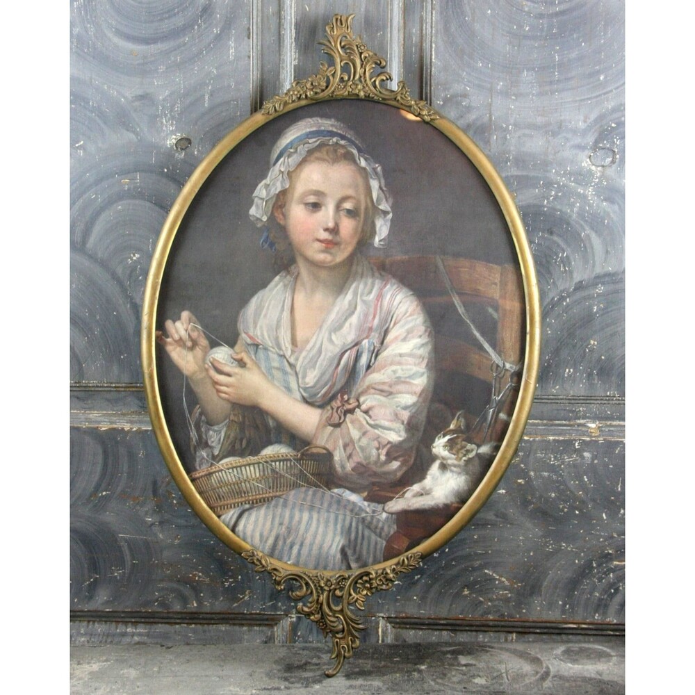 Antique Litho Portrait of a Pensive Lady Maiden and Her Kitten, Original Frame